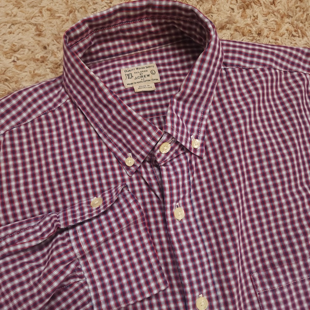 J.Crew Button Down Shirt Mens Large Purple Gingham Plaid Tailored Cotton L/S